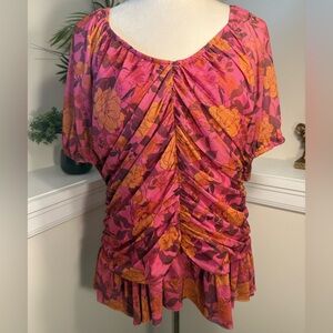 DR2 Floral Puff Sleeve Ruched Peplum Blouse Size XXL